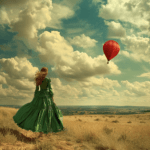 Frau im grünen Kleid blickt sehnsüchtig rotem Ballon nach, vor dramatischer Landschaft und Wolkenformation.