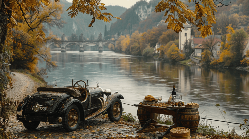 Herbstliche Idylle an einem Flussufer mit klassischem Automobil, rustikalem Tisch und warmen Farbtönen.