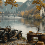 Herbstliche Idylle an einem Flussufer mit klassischem Automobil, rustikalem Tisch und warmen Farbtönen.