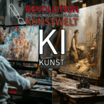 KI Kunst: Künstler vor Computer mit KI-generiertem Kunstwerk und traditioneller Malerei, Revolution in der Kunstwelt durch Künstliche Intelligenz
