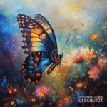 Ein Schmetterling auf einer farbenfrohen Blumenwiese, detailreich und mit KI-Unterstützung kreiert.