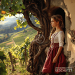 Ein romantisches KI-generiertes Gemälde: Frau in Tracht vor sanften Weinbergen, traditionell und elegant.