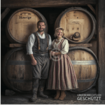 Kunstwerk von zwei Menschen in Tracht vor Weinfässern im Heurigen-Stil, warme Farben, KI-unterstützt.
