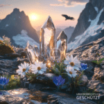 Majestätische Kristalle im Alpenlicht leuchten bei Sonnenuntergang, umgeben von alpinen Blumen und Bergen.