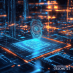 Illustration einer digitalen Signatur auf einem digitalen Kunstwerk, umgeben von kryptografischen Symbolen und leuchtenden Linien in einem futuristischen virtuellen Raum.