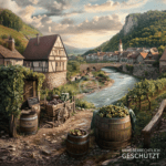 Idyllisches Dorf mit Fluss, Fachwerkhäusern und Steinbrücke, vereint Tradition und KI-gesteuerte Details.