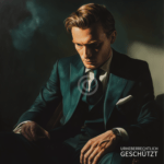 Ein rätselhafter Mann in dramatischem Licht, mit einem grünen Anzug und warmem Teint in Szene gesetzt.