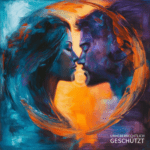 Meisterwerk digitaler Kunst mit leuchtendem Orange, beruhigendem Blau, inspiriert und verbunden.