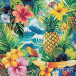 Kunstvolles tropisches Bild mit exotischen Blumen, Tieren und Ananas, generiert mit KI-Technologie.