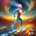 Verschmelzung von Mensch und Technologie, futuristische Farben, zentrale leuchtende Figur, dynamische Energie.