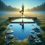 Silhouette in Baum-Yoga-Pose über klarem Wasser, Morgenlicht spiegelt Gelassenheit und Neuanfang wider.