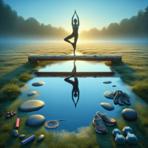 Silhouette in Baum-Yoga-Pose über klarem Wasser, Morgenlicht spiegelt Gelassenheit und Neuanfang wider.