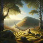 Meditative Gestalt im Moos-Labyrinth unter Sonnenstrahlen, Ruhe und Balance in harmonischer Natur.