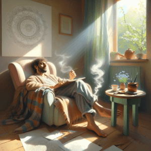 Mann in ruhiger Pose, Sonnenstrahlen durch Fenster, Dampf einer Tasse, inspiriertes Raumambiente.