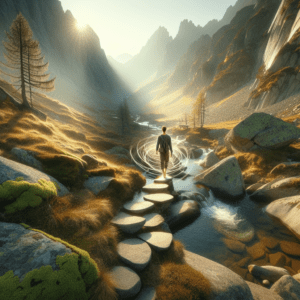 Eine surreale Landschaft mit einer Figur auf einem Steg, umgeben von goldenem Licht und Natur.