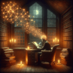 Denkende Figur in einer bibliotheksartigen Umgebung mit goldenen Netzwerken bei Kerzenlicht.