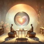 Kunstwerk mit Herz, Schach und Figuren, warmen Tönen; Emotionen und Harmonie, KI-kreiert.