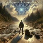 Wanderer vor majestätischer Landschaft, Himmel aus Mosaiken; inspirierend, KI-unterstützte Kunst.