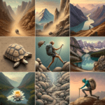 Impression von Bergen und Schildkröte, KI-gefertigt, Harmonie von Kraft und Ruhe, Natur inspiriert.