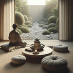 Bild einer meditierenden Person im Zen-Garten, symbolisiert Harmonie, Ruhe und Gelassenheit durch sanfte Töne.
