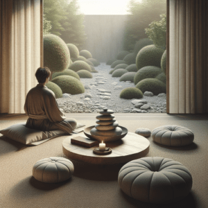 Bild einer meditierenden Person im Zen-Garten, symbolisiert Harmonie, Ruhe und Gelassenheit durch sanfte Töne.