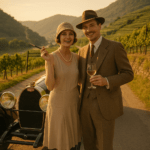 Nostalgisches Kunstwerk in goldener Abendstimmung, moderne KI-Eleganz der 1920er-Jahre.