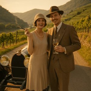 Nostalgisches Kunstwerk in goldener Abendstimmung, moderne KI-Eleganz der 1920er-Jahre.