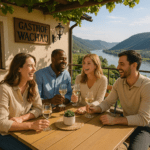 Menschen genießen Wein in der Wachau, lachend in sonniger Landschaft; Harmonie und regionale Authentizität.