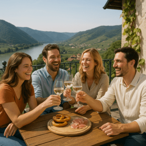 Gemälde zeigt fröhliche Gesichter, harmonische Farben, verspricht Lebensfreude und Eleganz für Räume.