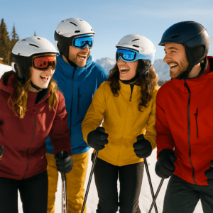 Winterliche Skiszene mit strahlendem Himmel und lebendigen Farben bringt Freude und Energie ins Heim.