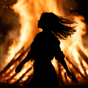 Tanzende Silhouette vor pulsierenden Flammen, Ausdruck von Lebensfreude und Freiheit in dynamischer Nacht.