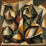 Geometrische Abstraktion in erdigen Tönen; moderne Kunst mit KI geschaffen; beruhigend und dynamisch.