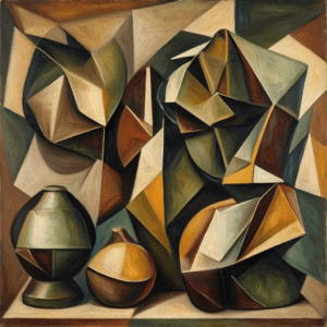 Geometrische Abstraktion in erdigen Tönen; moderne Kunst mit KI geschaffen; beruhigend und dynamisch.